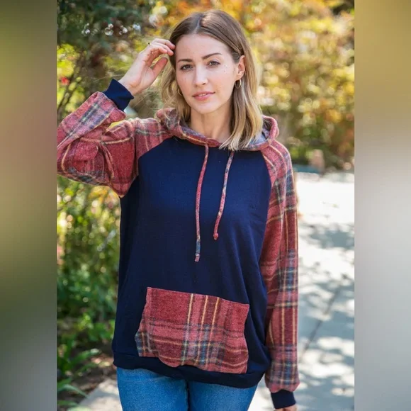 Navy Blue Cashmere Feel Fall Plaid Hooded Top, Size small - Picture 8 of 8